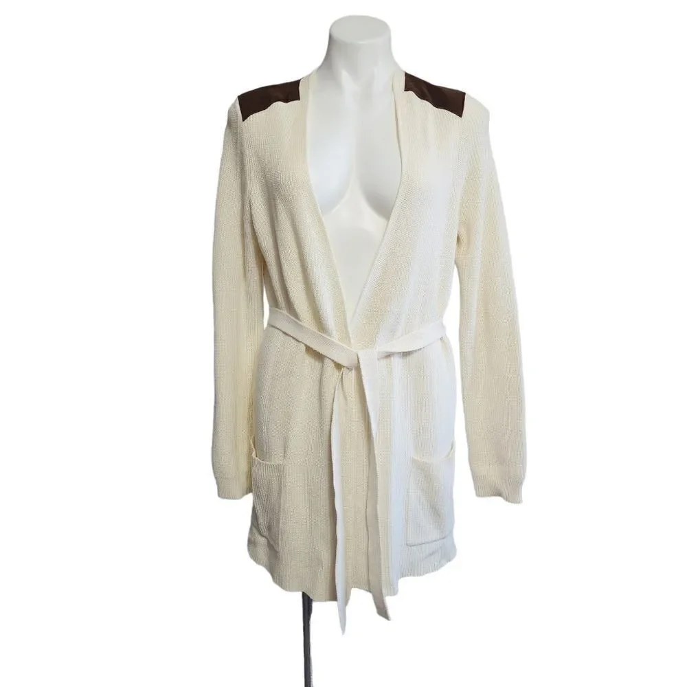 Lauren Ralph Lauren Cardigan L Cream Brown Shoulder Patch Teacher Equestrian